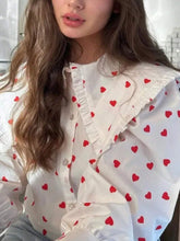 Y2K Sweet And Cute Doll Collar Heart Shape Randomly Printed Buttons Ruffled Lantern Long Sleeve Loose Shirt